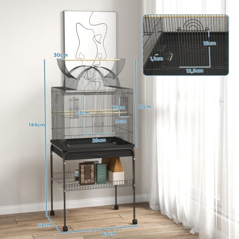 Klatka dla papug z tacą półką miską stalowa 63 x 53 x 144 cm