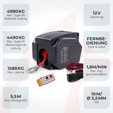 Elektryczna wciągarka linowa 12 V do przyczepki do łodzi z pilotem zdalnego sterowania siła ciągnąca 4990 kg Elektryczna wciągarka linowa 12 V do przyczepki do łodzi z pilotem zdalnego sterowania siła ciągnąca 4990 kg